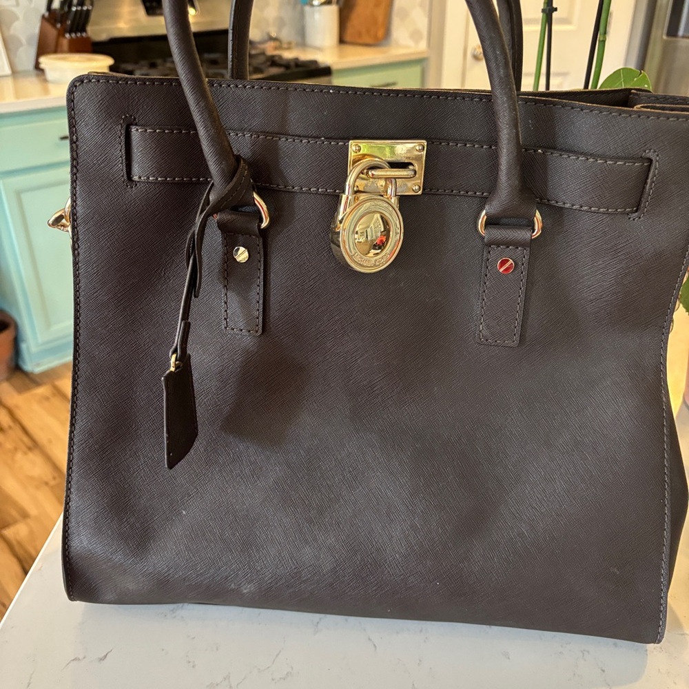 Chic Dark Brown Satchel with Gold Accents